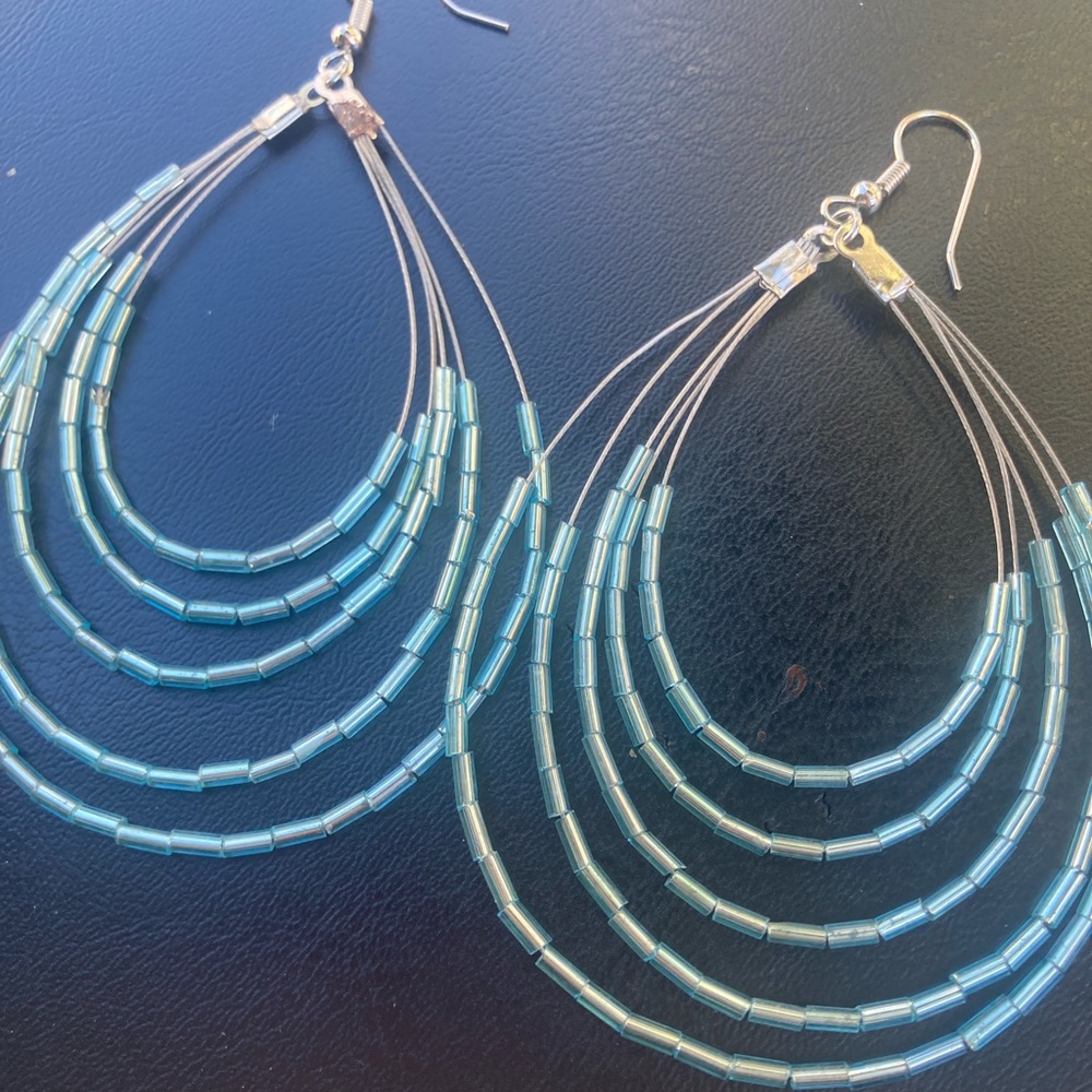Beaded Teardrop Wire Earrings in Aqua Blue